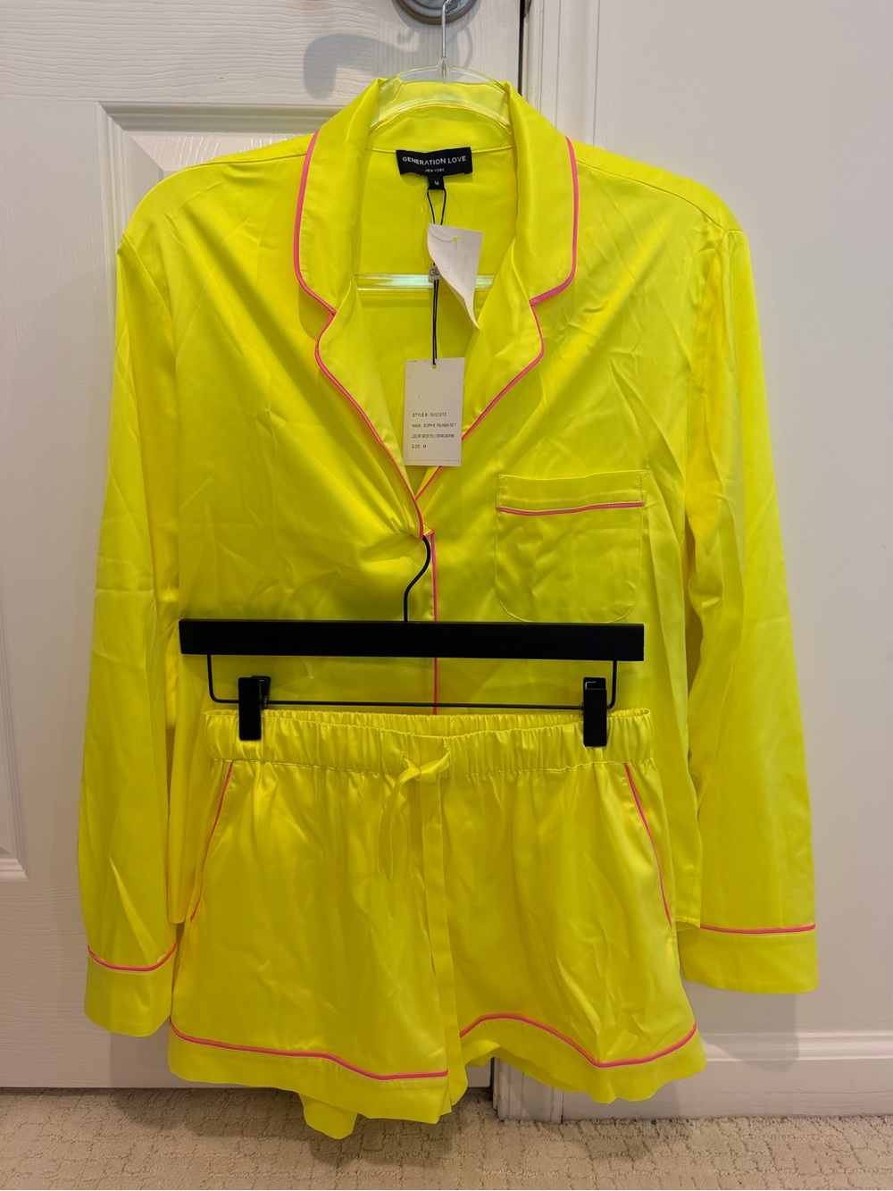 Generation Love Neon Yellow Satin Pajama Shirt with Pink Piping